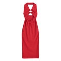 Slim fit red ribbed halter midi dress with stylish waist cutouts and metal ring details - S / Red