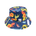 Detail eines Kinder-Anglerhuts mit bunten Löwen-, Elefanten- und Giraffen-Prints - Marineblau Löwe