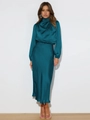 Detailed texture of dark teal satin dress fabric showing high glossy finish and elegant drape - S / Top And Bottom (GQTG096) / Lake Blue