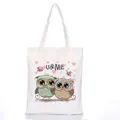 White canvas tote bag featuring cute cartoon owls and U & ME print with hearts - Style C18 / No Zipper No Inner Pocket