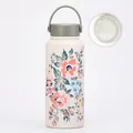 White 1L floral water bottle with ceramic lining and green handle for sports - Ivory White 23H
