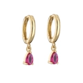Elegant gold drop earrings featuring pear-cut deep pink zirconia stones on circular hoops - Rose Red