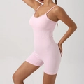 Seamless light pink yoga bodysuit with padded cups and ribbed knit fabric texture - Light Pink