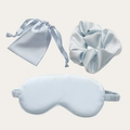 Pale blue silk satin sleep set featuring eye mask, scrunchie and drawstring storage bag - Silk Blue 3-Piece Set