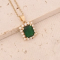 Gold emerald zircon pendant necklace with green square gemstone on stone background - Square Green Gemstone Halo Necklace (7#)