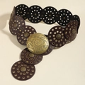 Cintura retrò in pelle marrone con fibbia rotonda in bronzo per abiti da donna - Caffè Bronzo Antico Stile A