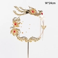 Golden phoenix fan cake topper with red beads for Chinese wedding decor, 14x24cm - Phoenix Feather Pendant Decoration