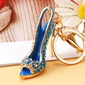 Golden keychain with blue high heel shoe pendant featuring rhinestone and flowers - Blue Peep Toe High Heels