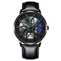 Orologio uomo design cerchione auto con razze nere e pinze dei freni di colore blu - Cassa Nera Pinza Blu - Cinturino in Pelle Nera