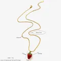 Collier chaîne à perles en acier inoxydable doré 18 carats avec pendentif fraise émaillé - Fraise Rouge