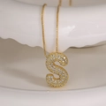 Gold letter S necklace with clear cubic zirconia pavé pendant on a box chain - Letter S (Box Chain)