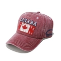 Detailed close-up of Canada flag patch and red 3D embroidery on vintage washed cotton cap - Burgundy