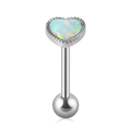 Silver stainless steel tongue ring featuring a heart shaped white opal stone and ball end - 1.6*16*5*7mm / White (OP17)