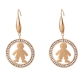 Rose gold round drop earrings with little boy silhouette and sparkling crystal border - Rose Gold Little Boy Style (KE79897-GC)