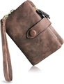 Brown frosted leather trifold wallet for women with wristlet strap and zipper pocket - Brown p-04