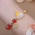 Exquisite red beaded bracelet with golden 福 pendant and cute white rabbit charm - S010 - Red Beaded Jade Rabbit Bracelet Sz168