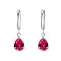 Elegant silver hoop earrings with pear-cut ruby red zirconia charms in a 3-prong setting - Silver Red Corundum