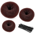 Three dark brown bun makers in various sizes with black U-shaped hair pins on white background - 23-Piece Coffee / Brown