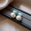 Vintage style oval earrings with faux pearl and blue marble resin in jewelry box - 78# Silver Post Style (78#)