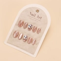 Champagne gold cat-eye press-on nails with sparkling rhinestones on 10pc display card - By1690 Short T-shirt / Glue Type