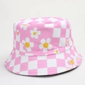 Detailed view of pink and white checkered bucket hat with daisy embroidery and stitching - One Size (58cm) / Pink Checkerboard Daisy