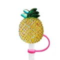 Glittery pineapple straw topper with yellow crystals and pink silicone ring for cups - Gold Iridescent Pineapple