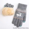 Grey thermal knit touchscreen gloves with reindeer pattern and warm fleece lining - Double Layer Fleece Elk Style / Gray