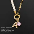 Gold-plated stainless steel necklace with pearls and pink zircon letter A pendant - Letter A / Gold