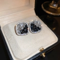 Luxurious square crystal studs with black and white contrast stones and diamond border - Black and White Crystal Square Style (7# Silver Pin)
