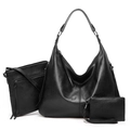 Three-piece black faux leather bag set featuring a large hobo tote and crossbody bags - Black