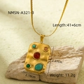 Golden vintage snake chain necklace with multicolored natural stones and square pendant - Necklace-Multicolor Stone(NMSN-A321-3) / Gold