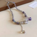 Purple pearl and crystal bead necklace with mini bear and heart-shaped pendant charms - 30# Purple Bear Style