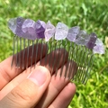 Handmade 20-tooth metal hair comb with raw purple amethyst and white crystal stones - Light Amethyst Silver Comb Silver Wire