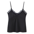 Satin camisole top with V-neck lace trim and spaghetti straps in black finish - XS / Black