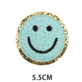 5,5cm blauwe chenille patch met lachend gezicht en gouden glitterrand - Blauw Smiley Gezicht (Nr. 26)