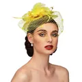 Elegant bright yellow fascinator hat with feathers, flowers, pearls and mesh veil - Yellow