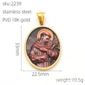 Detailed view of 33mm oval stainless steel 18k gold religious pendant with dimensions - Saint Francis Religious Portrait (2239)