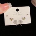 Three-piece set featuring silver bee, matte flower, and ball stud earrings on card - Silver-Opal Bee Set (99#)