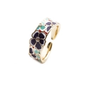 Bague géométrique ajustable plaquée or avec fleurs en émail colorées et cristaux - Ouvert Réglable / Noir
