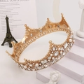 Detailed view of Baroque queen crown with pearls and rhinestones on golden metal base - KC Gold + White Rhinestone