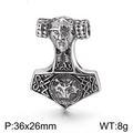Silver Viking Mjolnir pendant with wolf head relief in punk style stainless steel - Viking Warrior Wolf Embossed Mjolnir Style (KP55373-BD)
