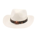 Sombrero de paja blanco estilo cowboy con banda marrón y adornos de calaveras de bronce - Blanco