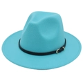 Macro detail of teal wool fedora hat with a black leather band and golden metal buckle - M (56-58cm) / Lake Blue (Black Leather Band)