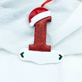 Glittery red number 1 Christmas resin ornament with Santa hat and holly leaves - Letter I