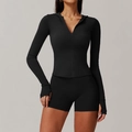 Three-piece black yoga set with zip-up hoodie and high-waist shorts for fitness - S / Top And Bottom / Premium Black