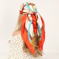 90cm square satin silk scarf with classic red and blue chain print on mannequin head - 90*90cm / Chain Red