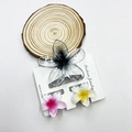 Three-piece plumeria hair claw set featuring translucent grey, pink, and yellow flowers - Transparent Black Core Set (with Card)