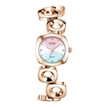 Women's rose gold quartz watch with pink blue gradient dial and rhinestone markers - Rose Gold Case Rainbow Gradient Dial