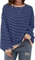 Dettaglio felpa a maniche lunghe a righe blu e nere con polsini in maglia beige - Blu jeans