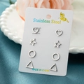 Set of four geometric stainless steel stud earrings in silver heart star and round shapes - Geometric Combination Set / Steel